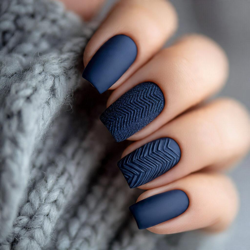 27 Navy Blue Winter Nails That Feel Cozy, Bold, and Chic 14 frosted midnight mix navy blue nails feel