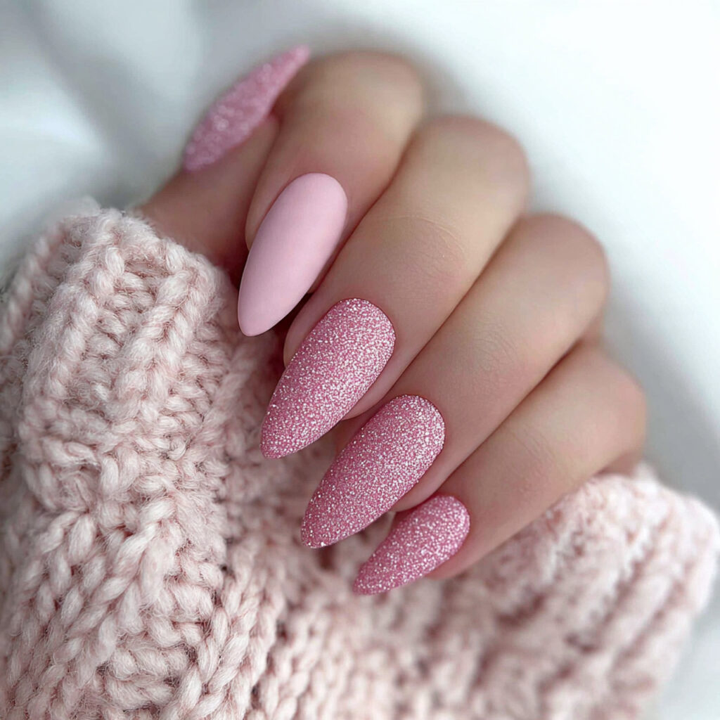 frosted pink sparkle stiletto nails feel playful