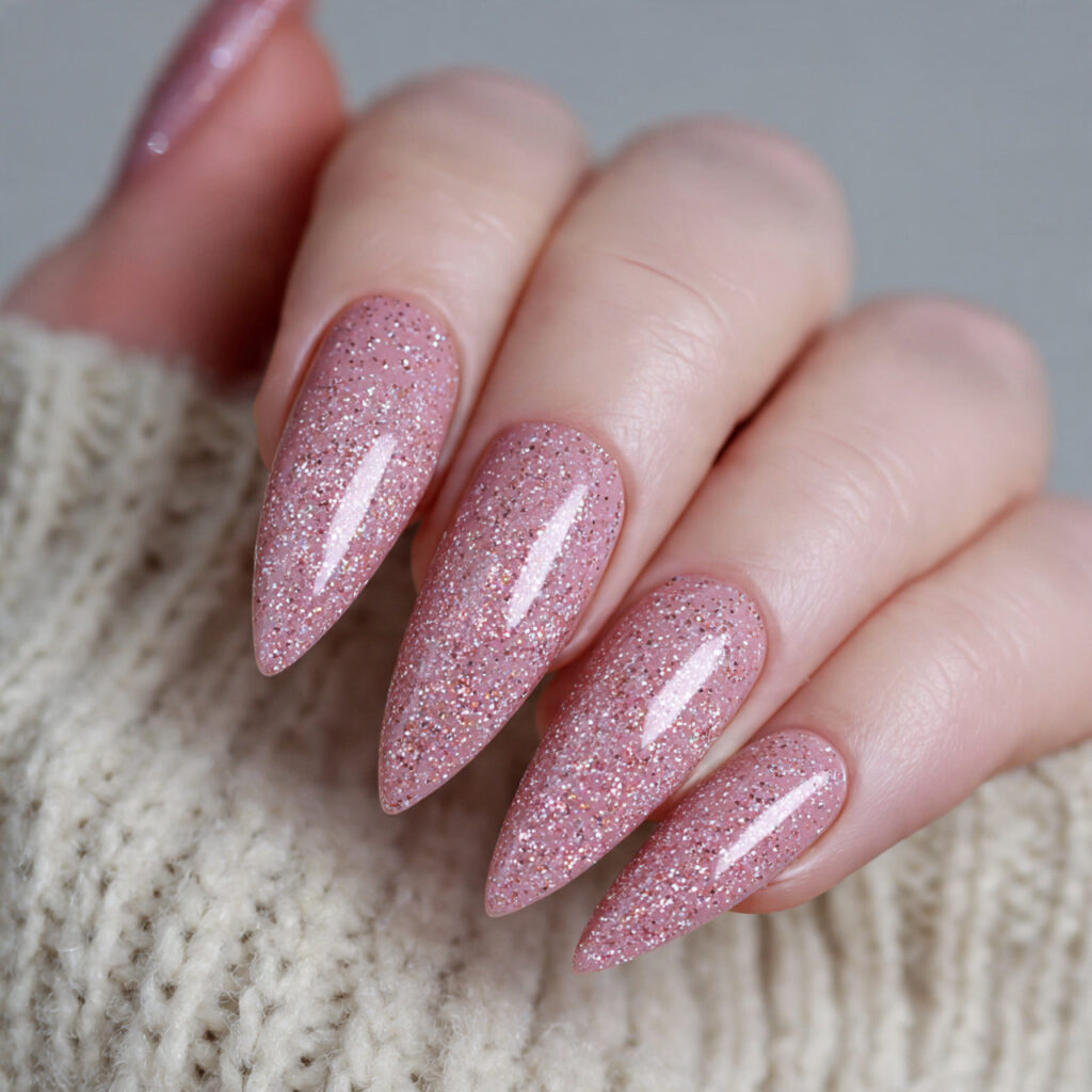 frosted rose sparkle stiletto nails feel warm
