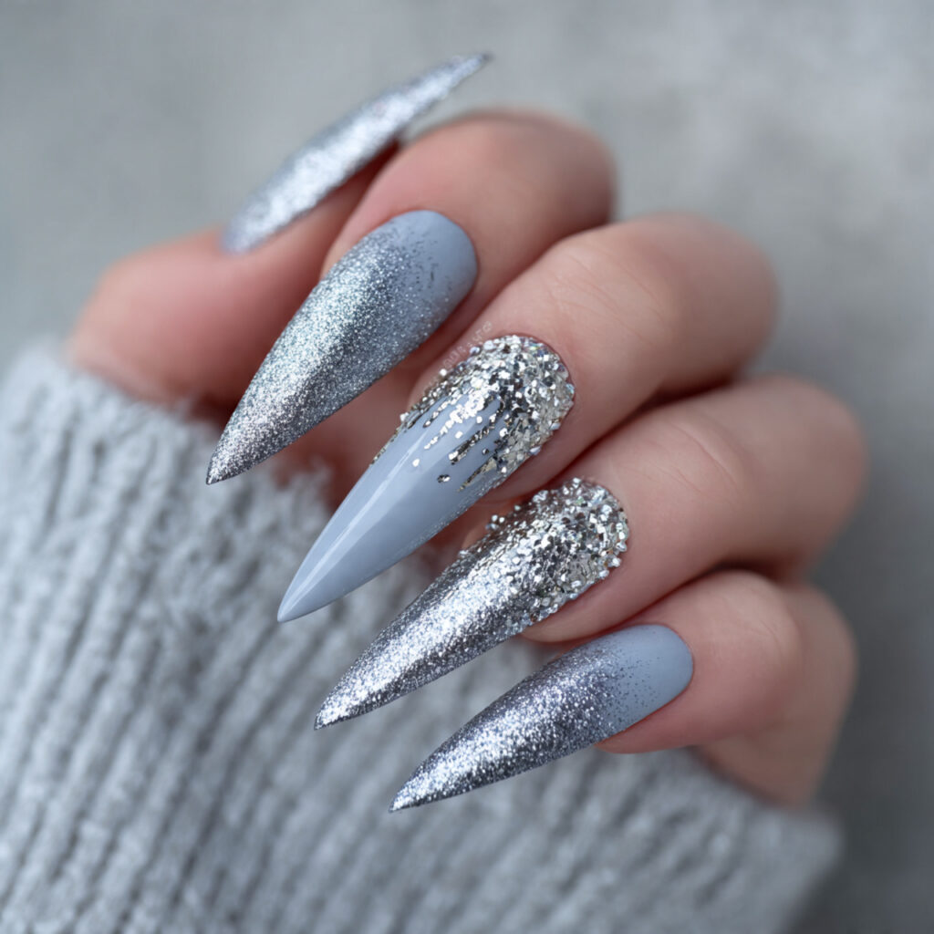 frosted silver drip stiletto nails