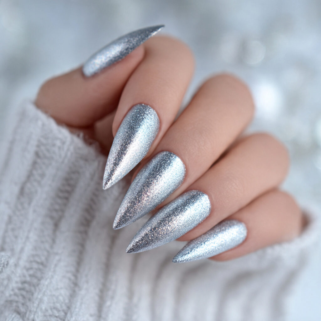 frosted silver luxe stiletto nails feel icy