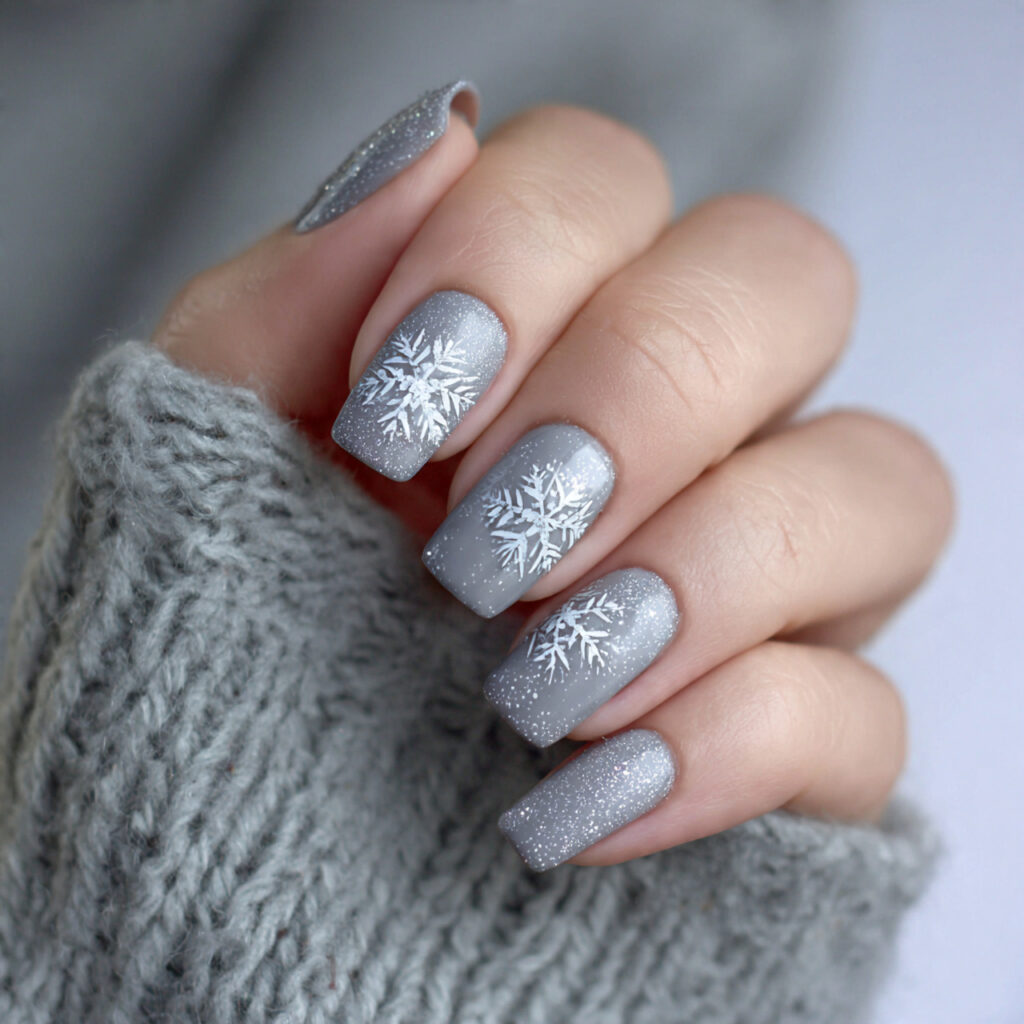 27 Gray Winter Nails That Feel Cozy, Chic, and Cool 2 frosted snowflake elegance gray winter nails feel