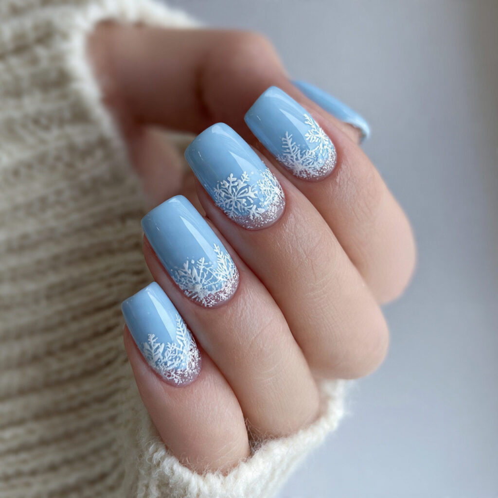 frosted snowflake tip light blue nails feel