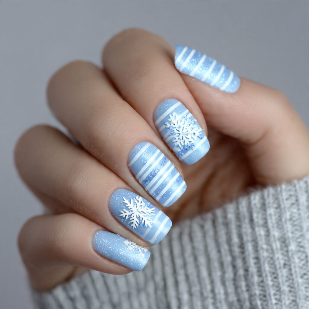 frosted stripes and snowflake light blue nails