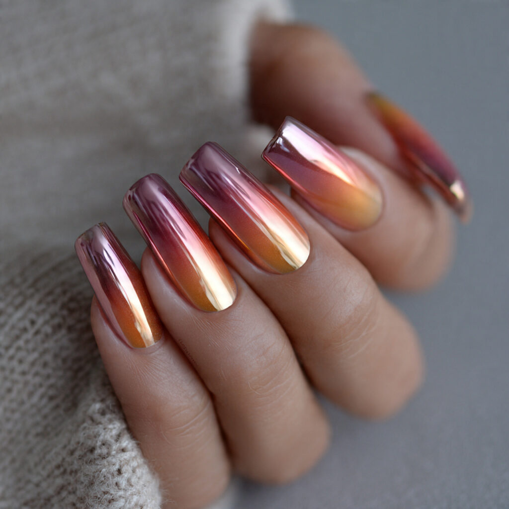 frosted sunrise chrome nails blend soft gradients