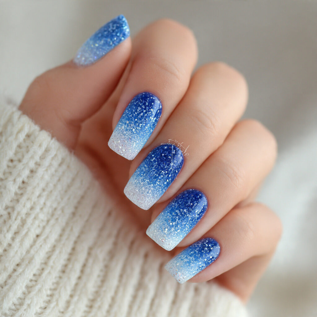 frosty blue ombre sparkle nails feel soft