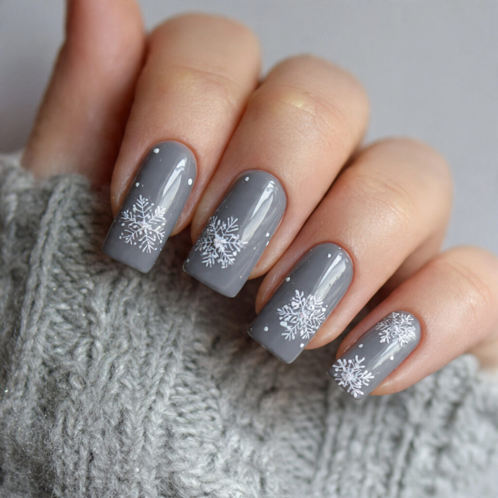 27 Gray Winter Nails That Feel Cozy, Chic, and Cool 17 frosty gray snowflake winter nails feel timeless