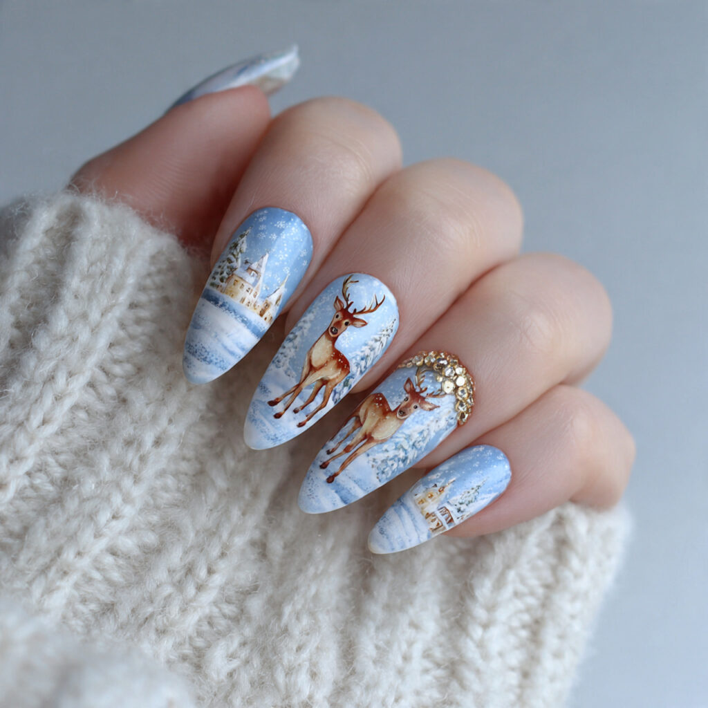 frosty reindeer winter nail art pin style