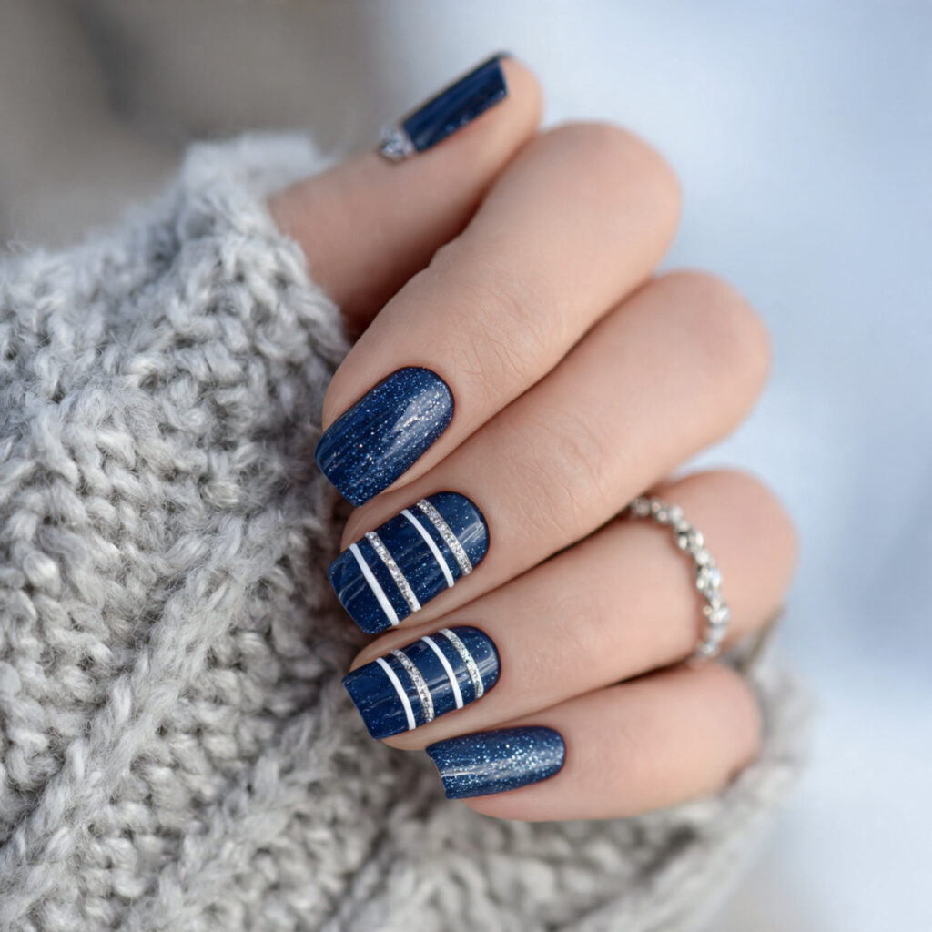 27 Navy Blue Winter Nails That Feel Cozy, Bold, and Chic 2 frosty stripes and snow navy blue nails