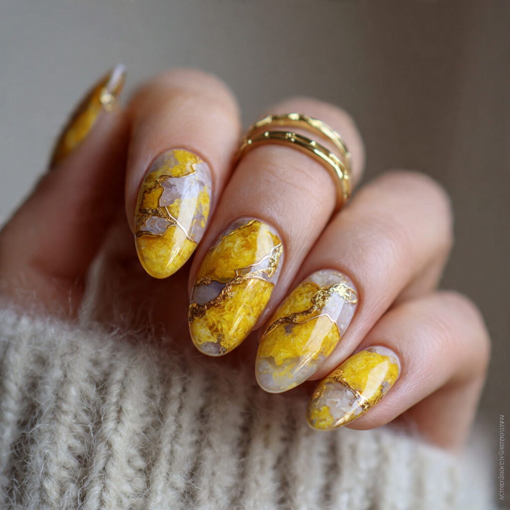 geode inspired yellow nails with gold outlines for