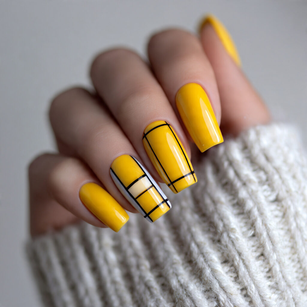 geometric yellow nails with black or white 1