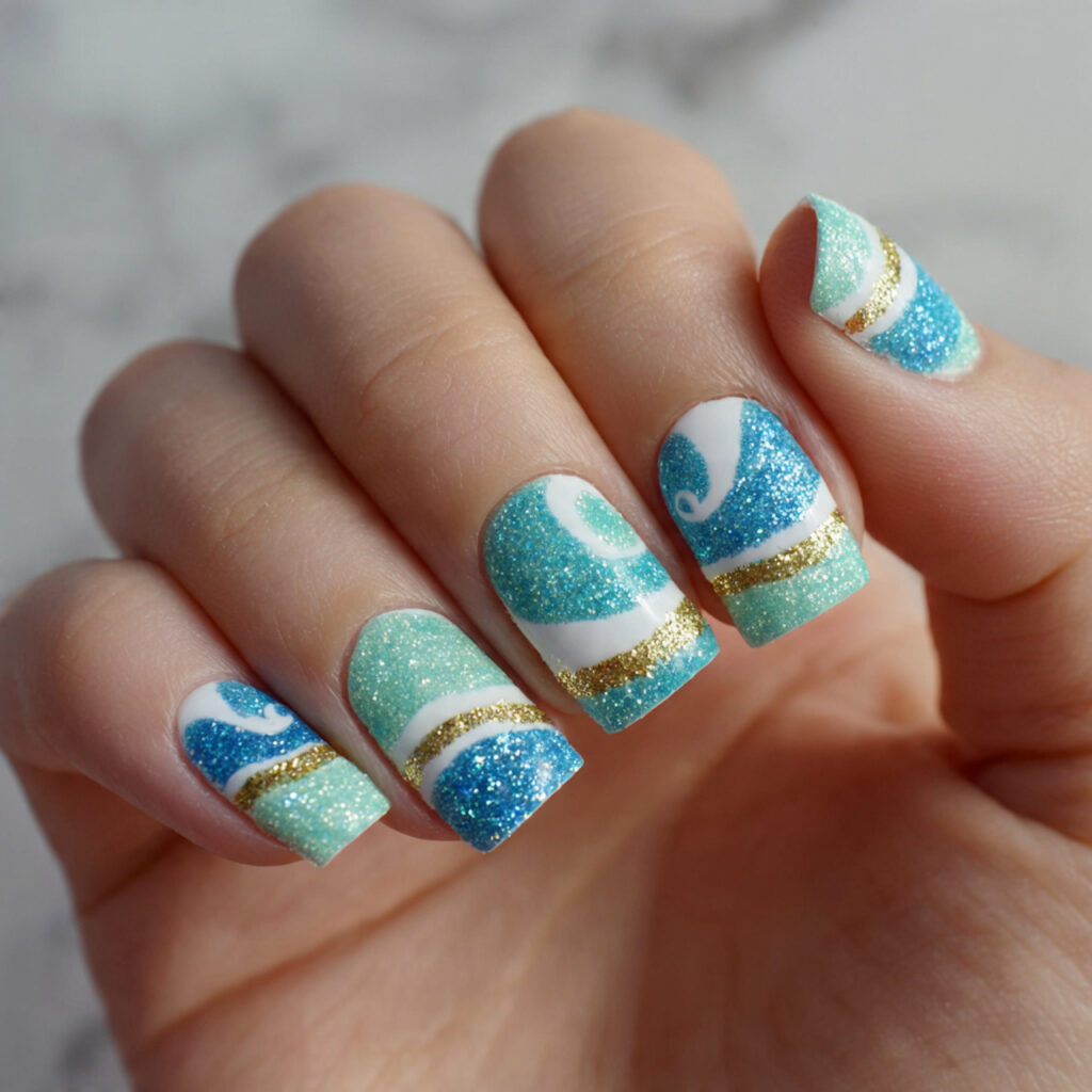 25 Beach Nail Designs for a Cute, Fun, and Breezy Look 19 glitter wave nails mix sparkle with soft