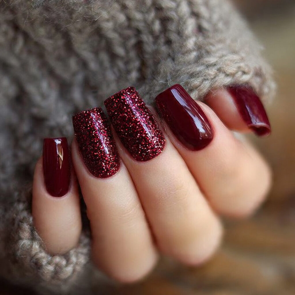 glittery wine nails combine deep red and