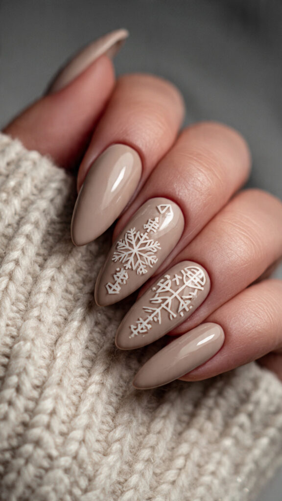 glossy beige nails with norse protection symbols