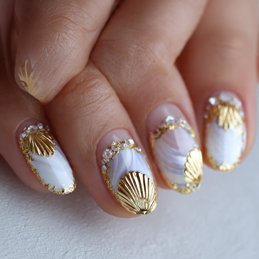 25 Beach Nail Designs for a Cute, Fun, and Breezy Look 23 gold seashell nails give a fancy and