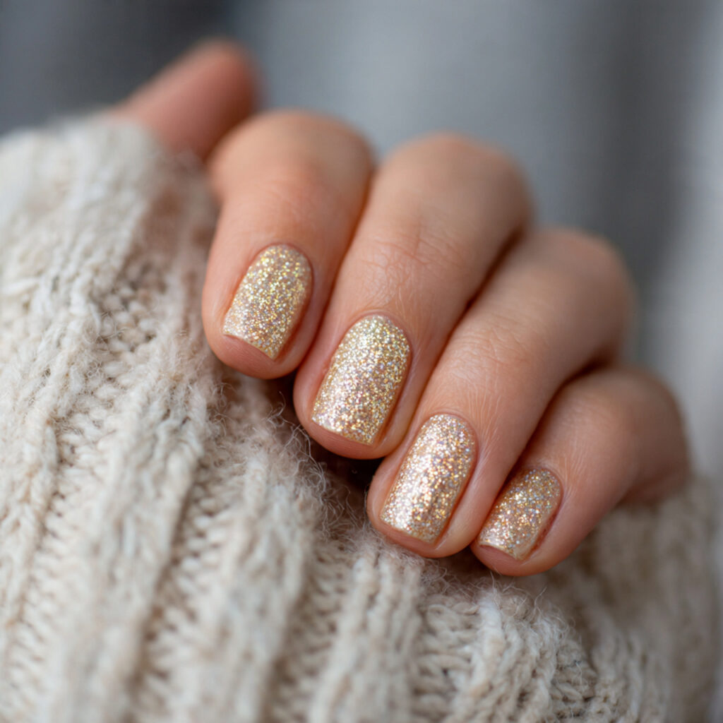 golden blizzard nails use light sparkle short