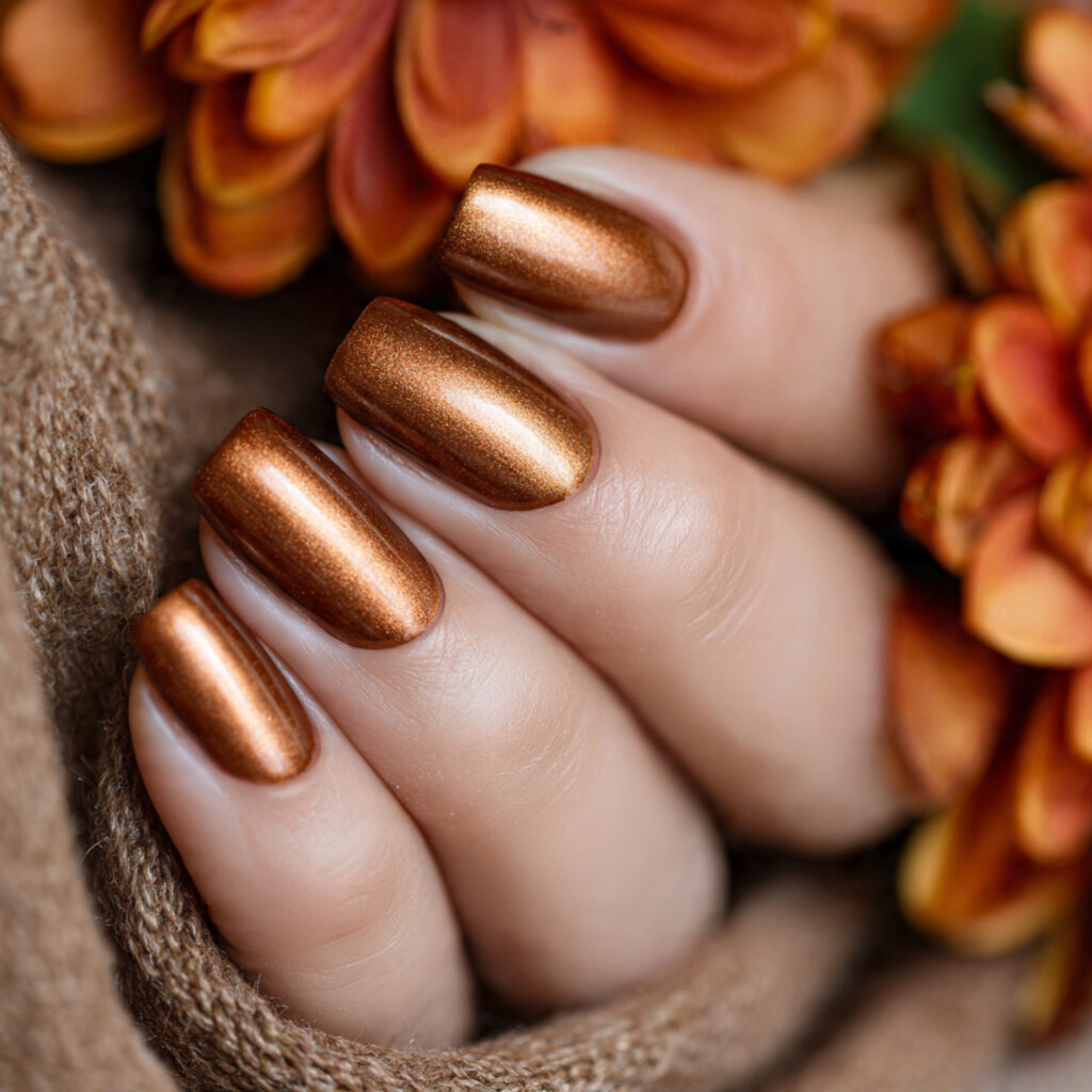 20 End of Summer Nail Color Ideas for a Cute Fresh Look 19 golden bronze nails are metallic shiny and