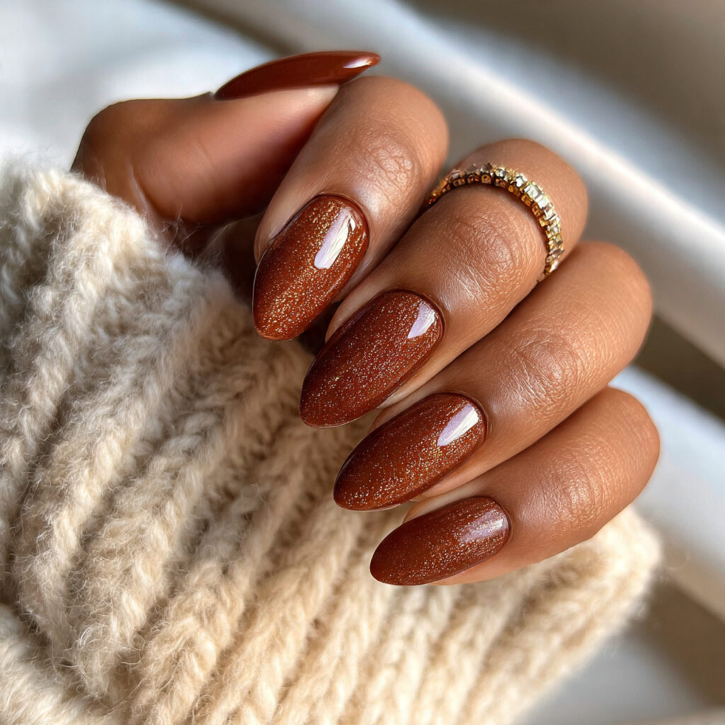 golden brown nails bring warmth and brightness