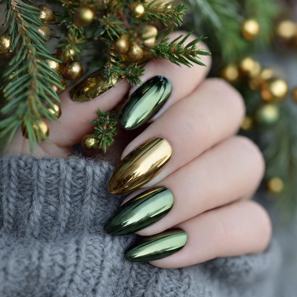 golden evergreen chrome nails mix green and