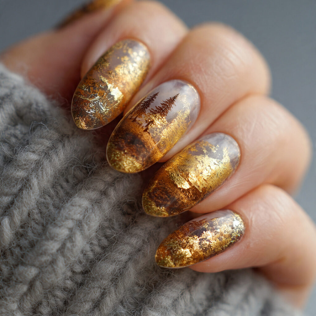 golden forest mist winter nails pin style
