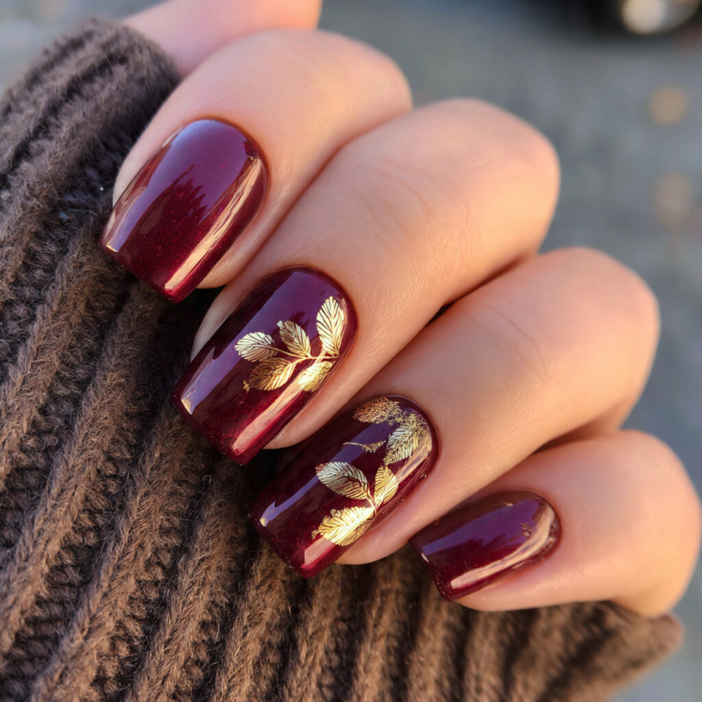 27 Burgundy Winter Nails That Feel Cozy, Rich, and Chic 17 golden leaf glam burgundy nails feel luxurious