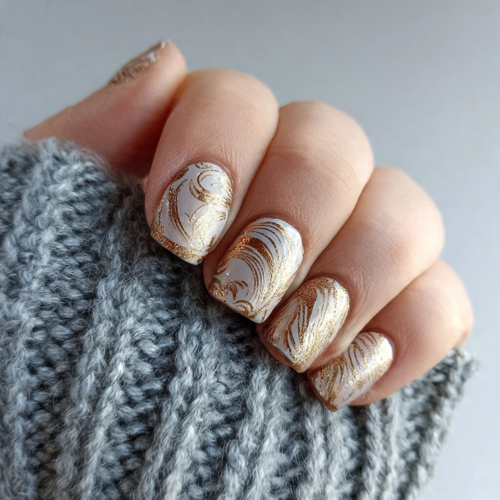 golden swirls add movement to nails short
