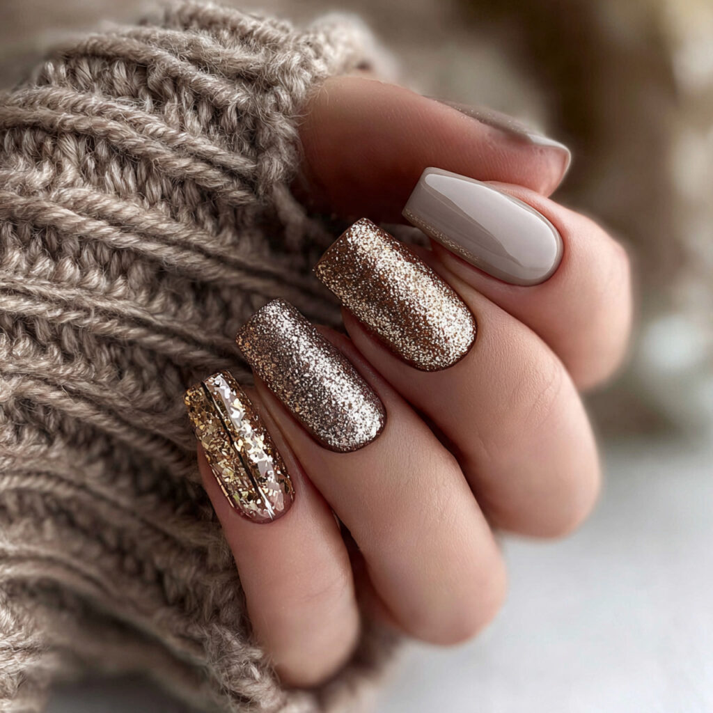 golden winter elegance glitter nails bring warmth