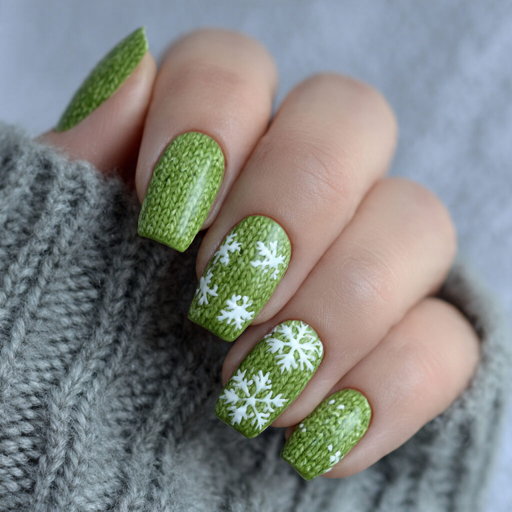 green winter sweater nails with snowflakes