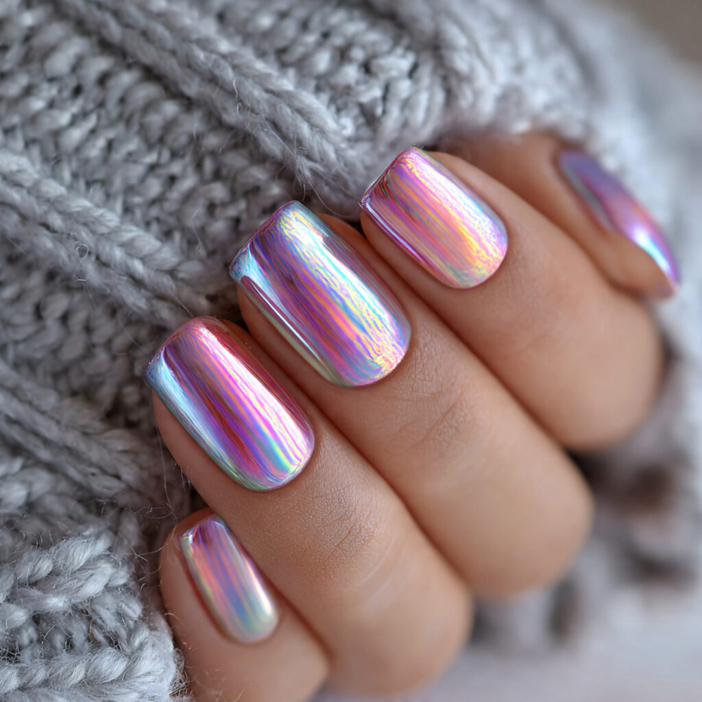 holographic nails are eye catching with a rainbow like