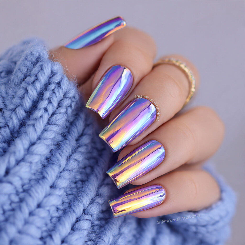 holographic winter mix chrome nails combining multiple