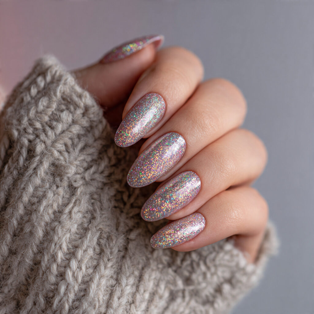 holographic winter sparkle nails reflect light from