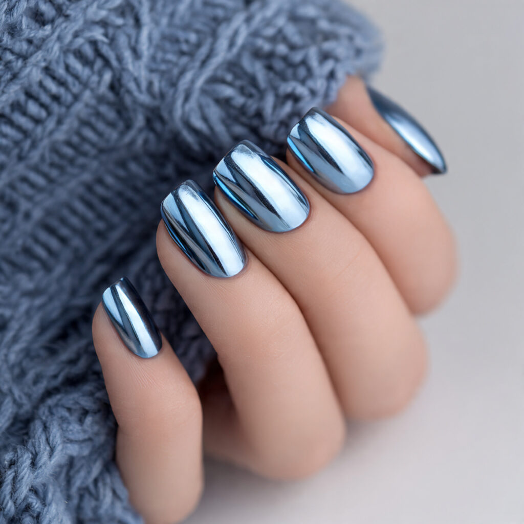 ice blue chrome short winter nails feel