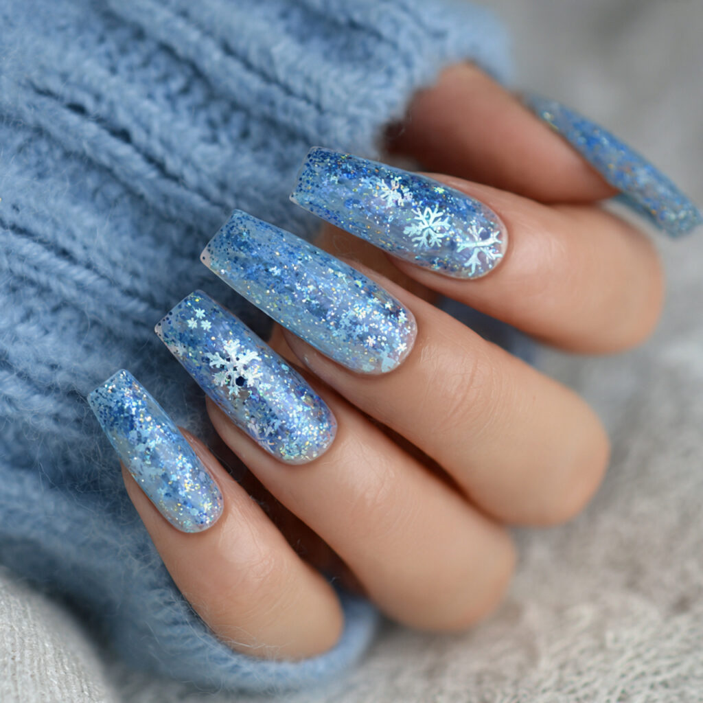 ice blue snowflake glitter nails pin style