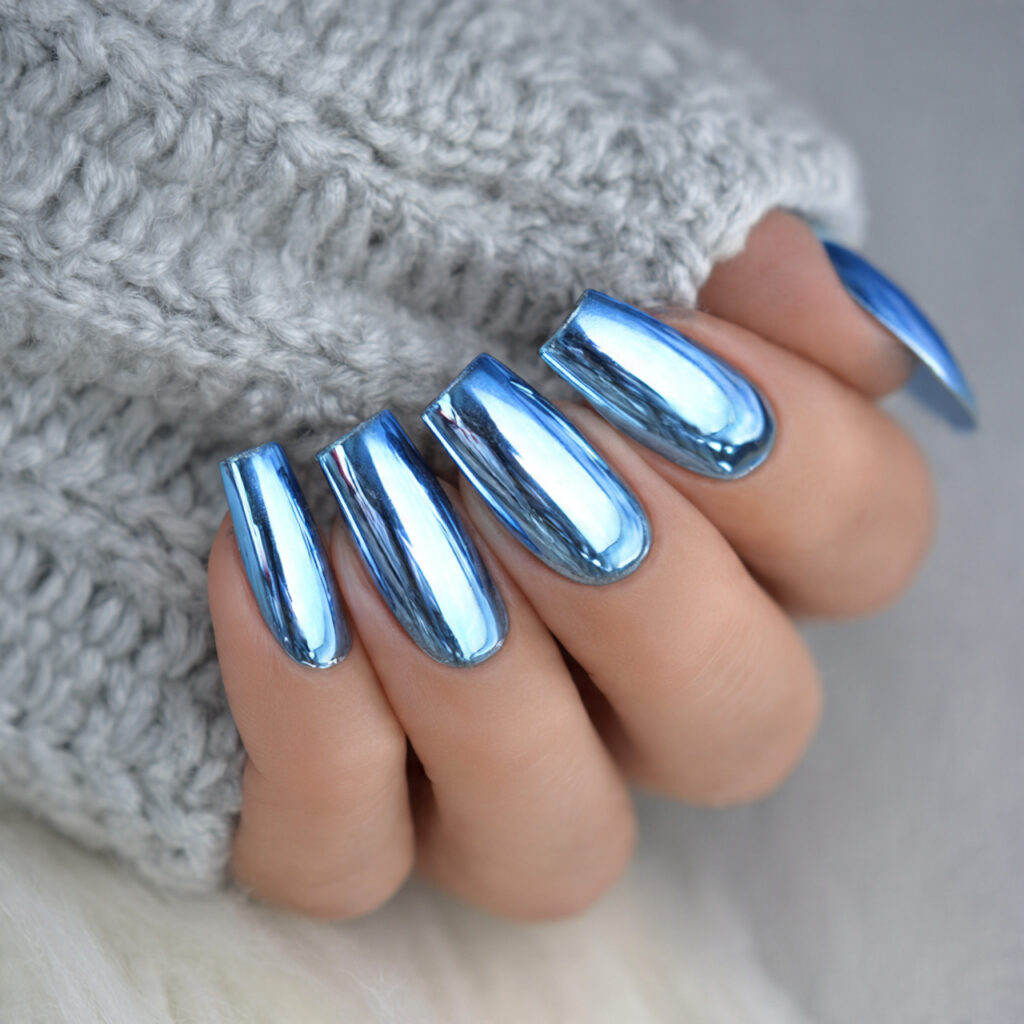 ice queen chrome nails feature reflective icy