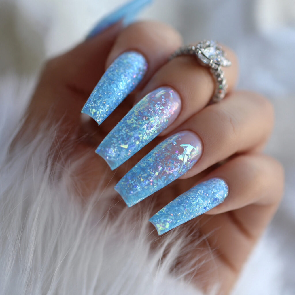 icy blue blizzard glitter nails pin style