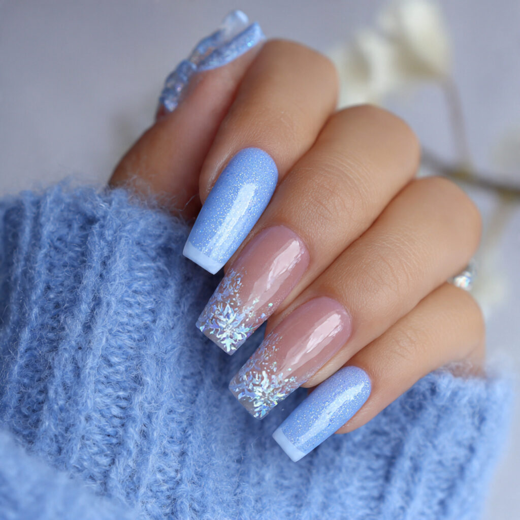 icy french sparkle light blue winter nails
