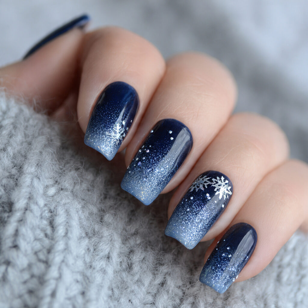 27 Navy Blue Winter Nails That Feel Cozy, Bold, and Chic 23 icy gradient snowfall navy nails feel smooth
