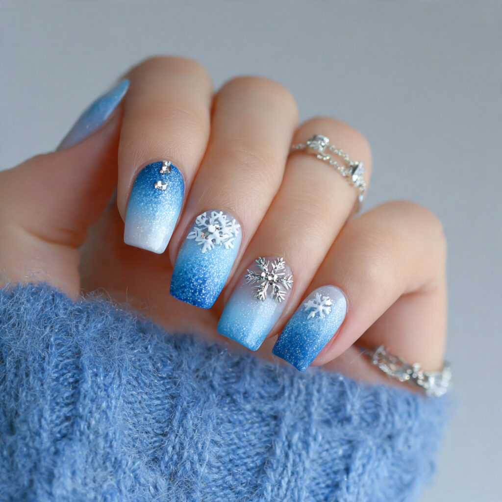 icy ombre snowflake nails fade blue into