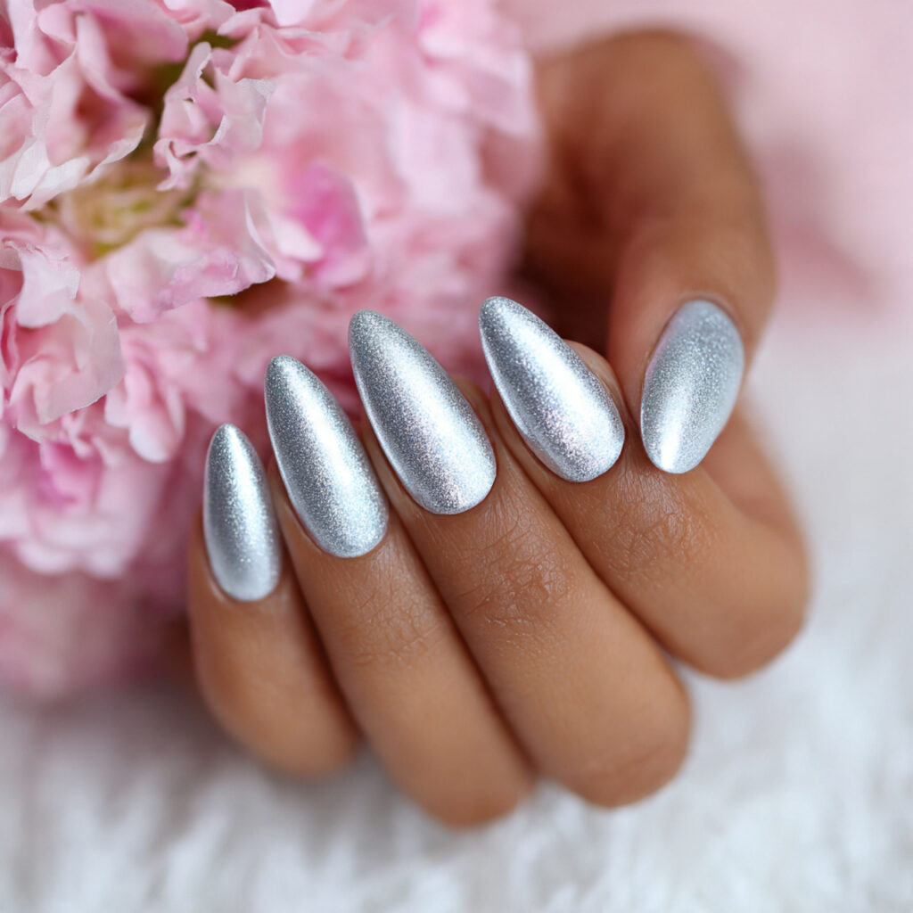 icy silver nails give a metallic shimmer