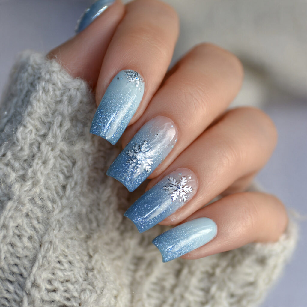 icy snowflake ombre nail design with cool