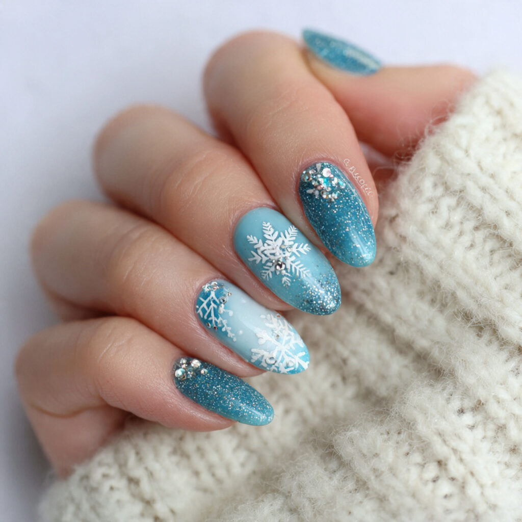 icy teal snowfall nails with blue and