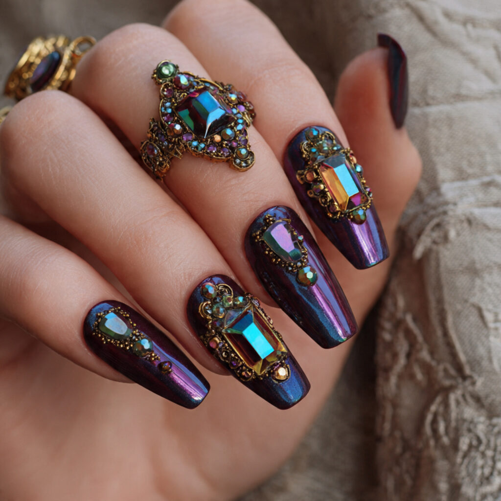 jewel toned nails for a vibrant glam night