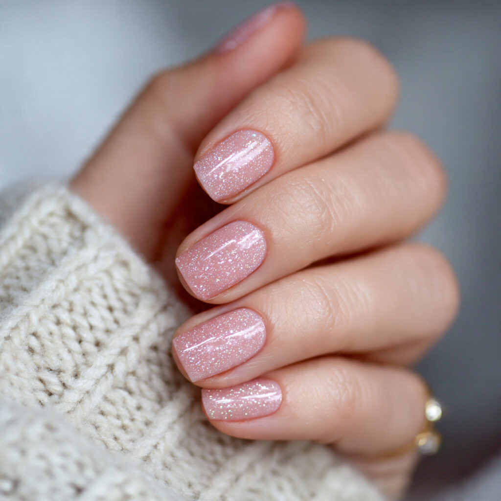 light pink nails with barely visible glitter