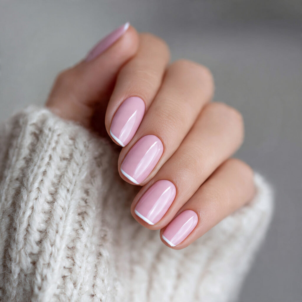 light pink nails with minimal white details