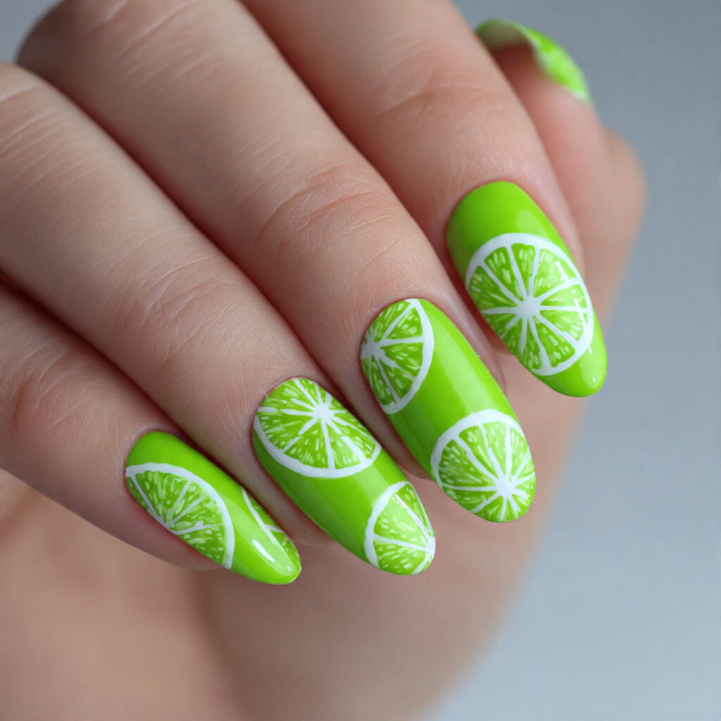 25 Fruit Nail Ideas for a Fresh, Fun, and Colorful Look 17 lime nails are bright green with small