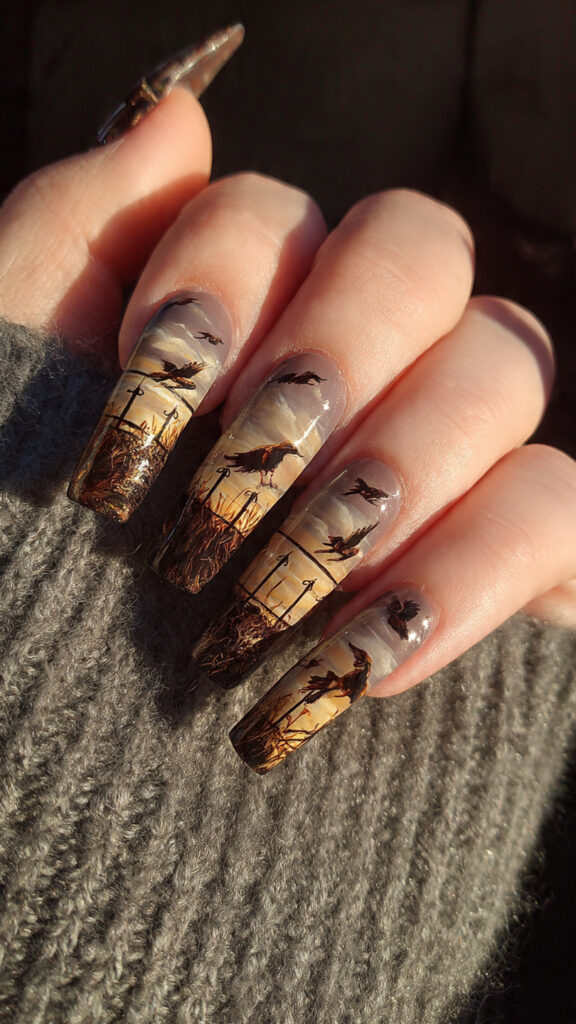 long square nails with flying birds and