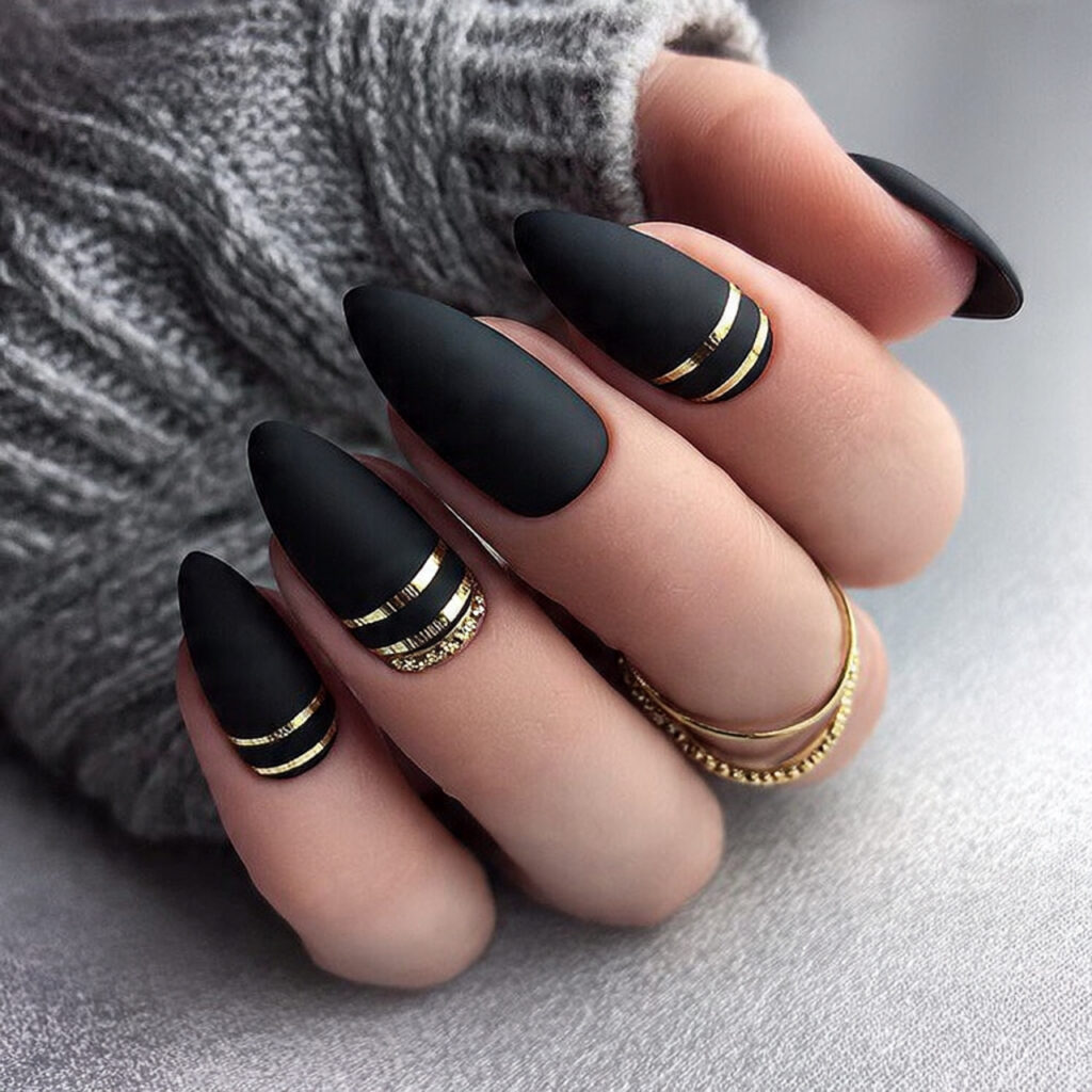 matte black almond nails are bold clean