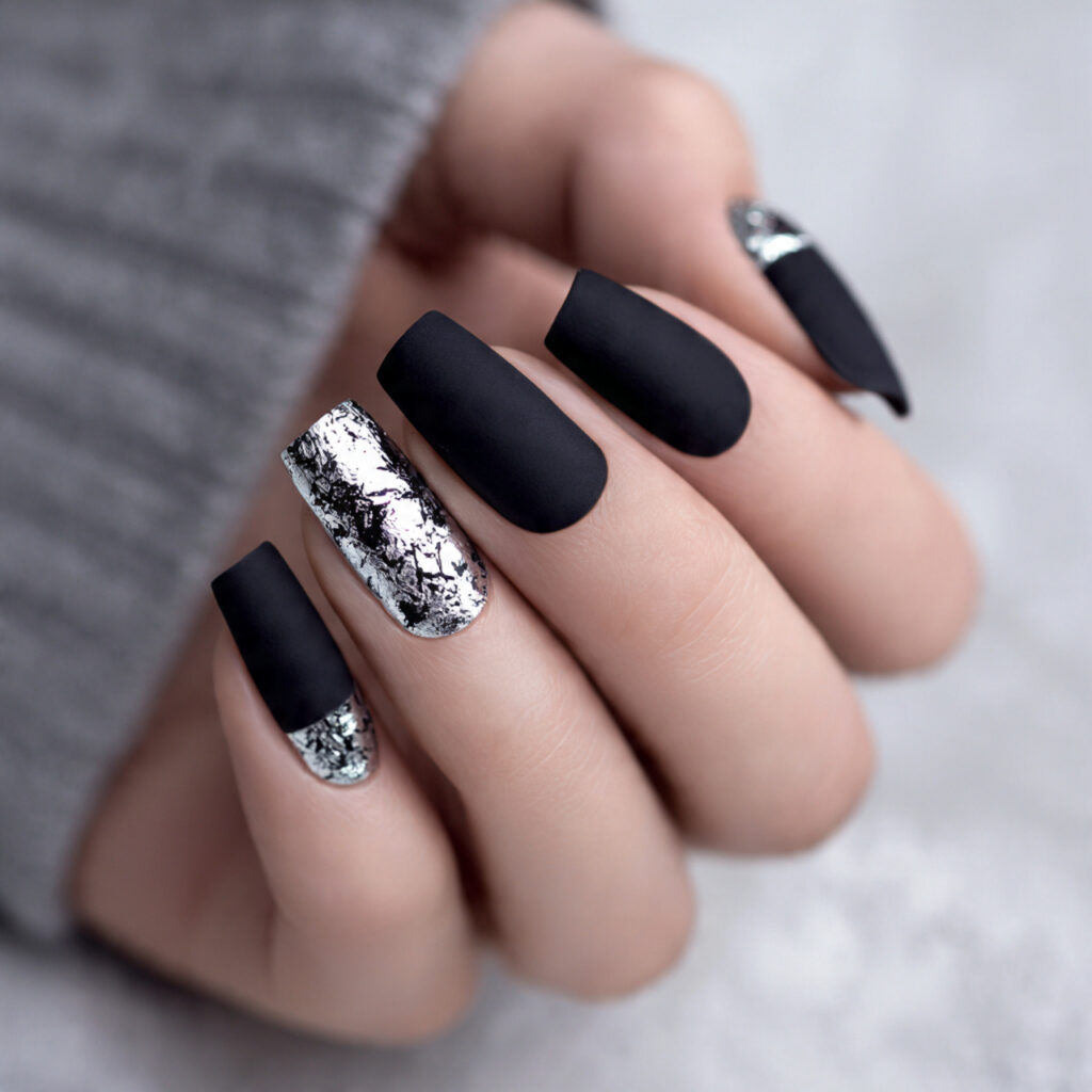 matte black nails with silver foil add