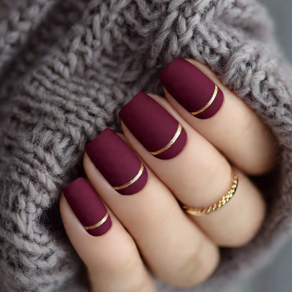 27 Burgundy Winter Nails That Feel Cozy, Rich, and Chic 9 matte burgundy luxe line nails feel sleek