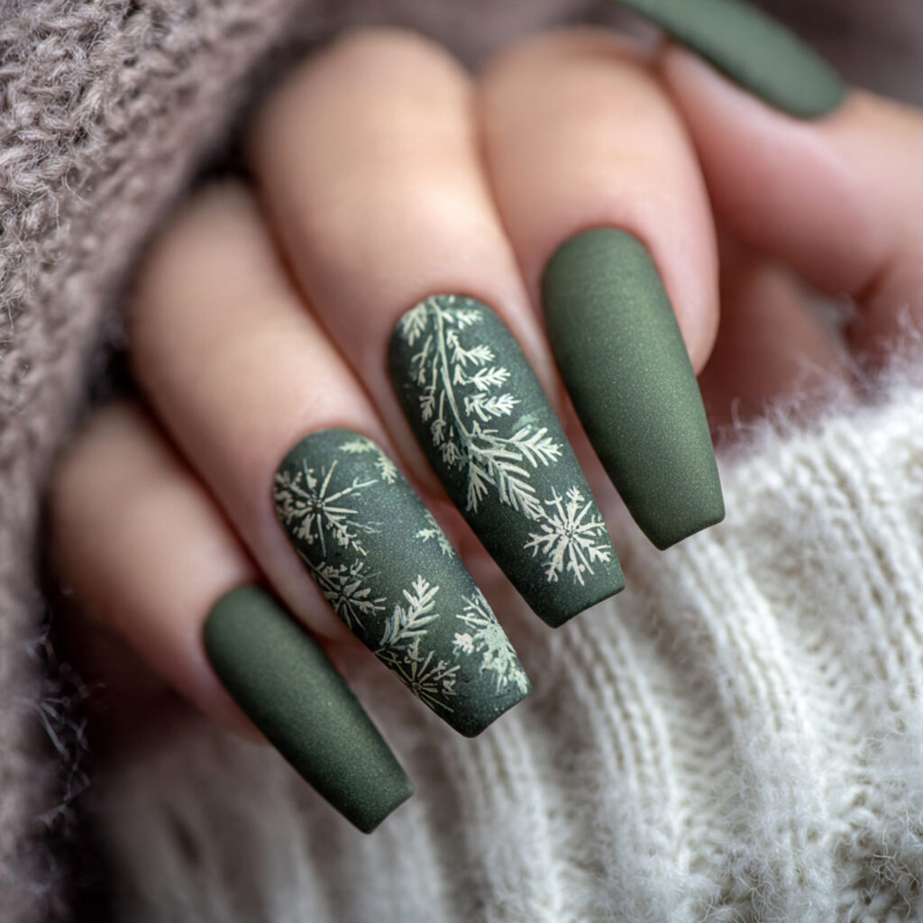 matte forest snowflake nails pin style with
